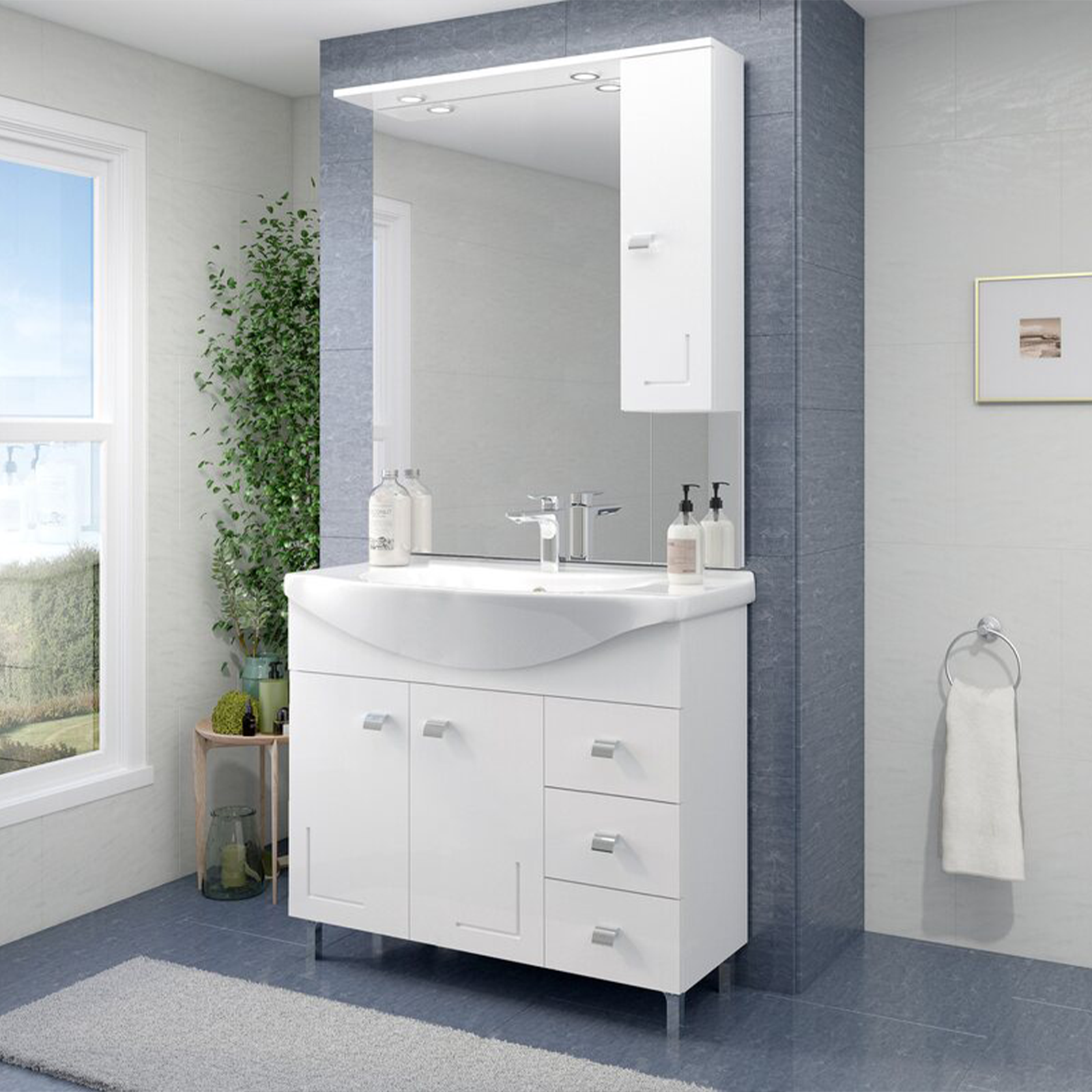 Mobile sotto lavabo "Eva" da bagno in truciolare con specchio e colonna pensile