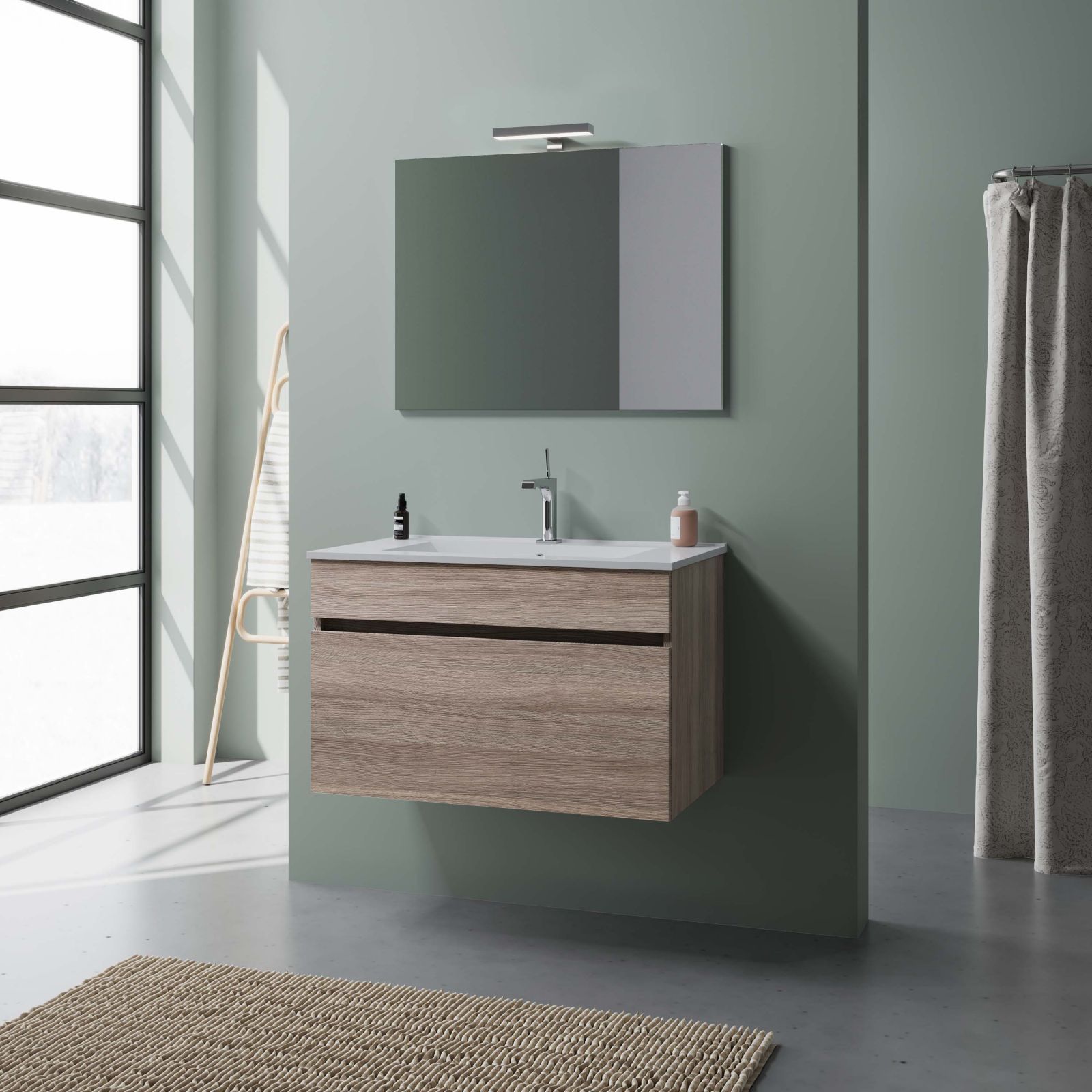 Mobile da bagno sospeso "Bogotà " con lavabo in ceramica cassettiera e specchio led