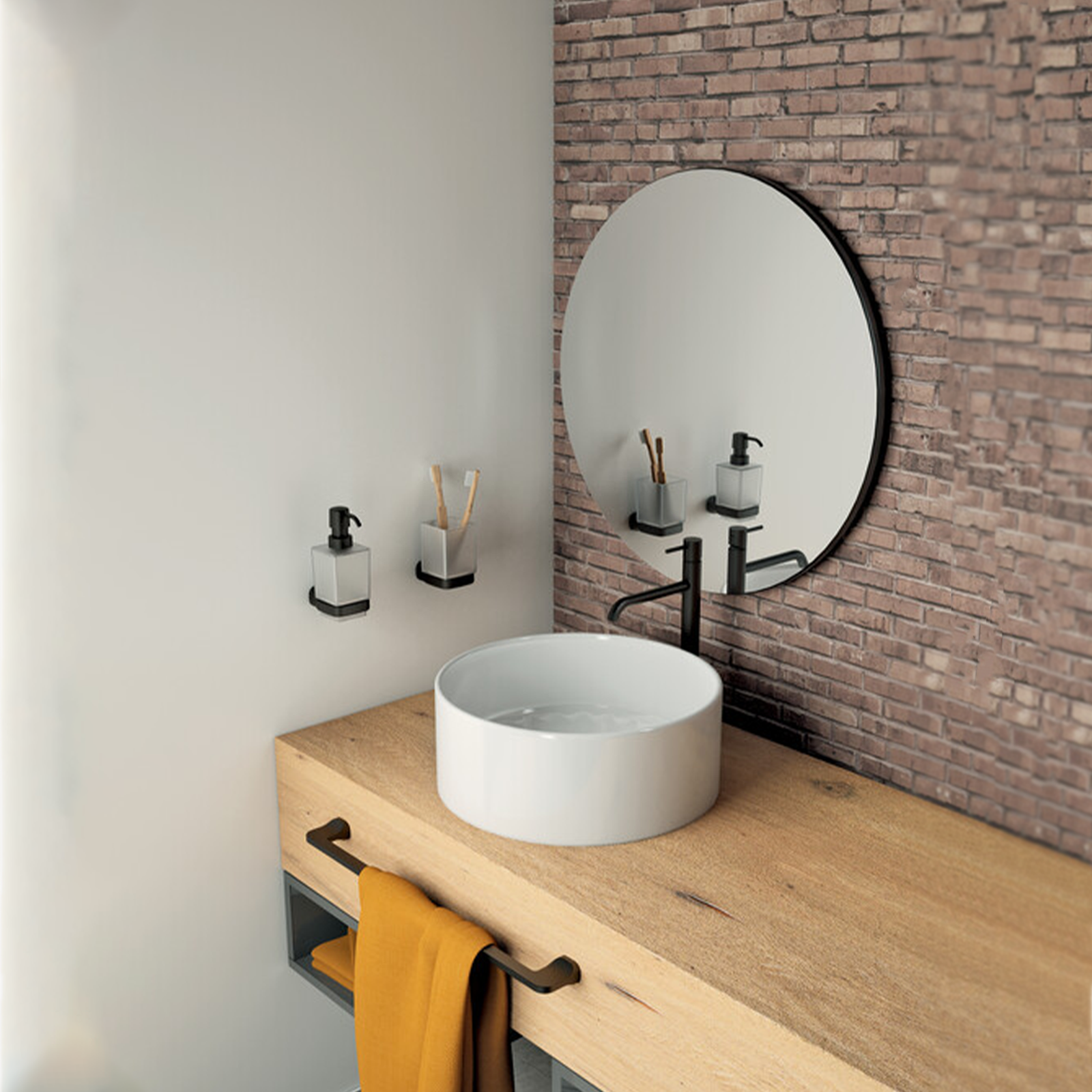 Set da bagno "Stelvio" bicchiere porta spazzolino sapone scopino in vetro satinato e acciaio