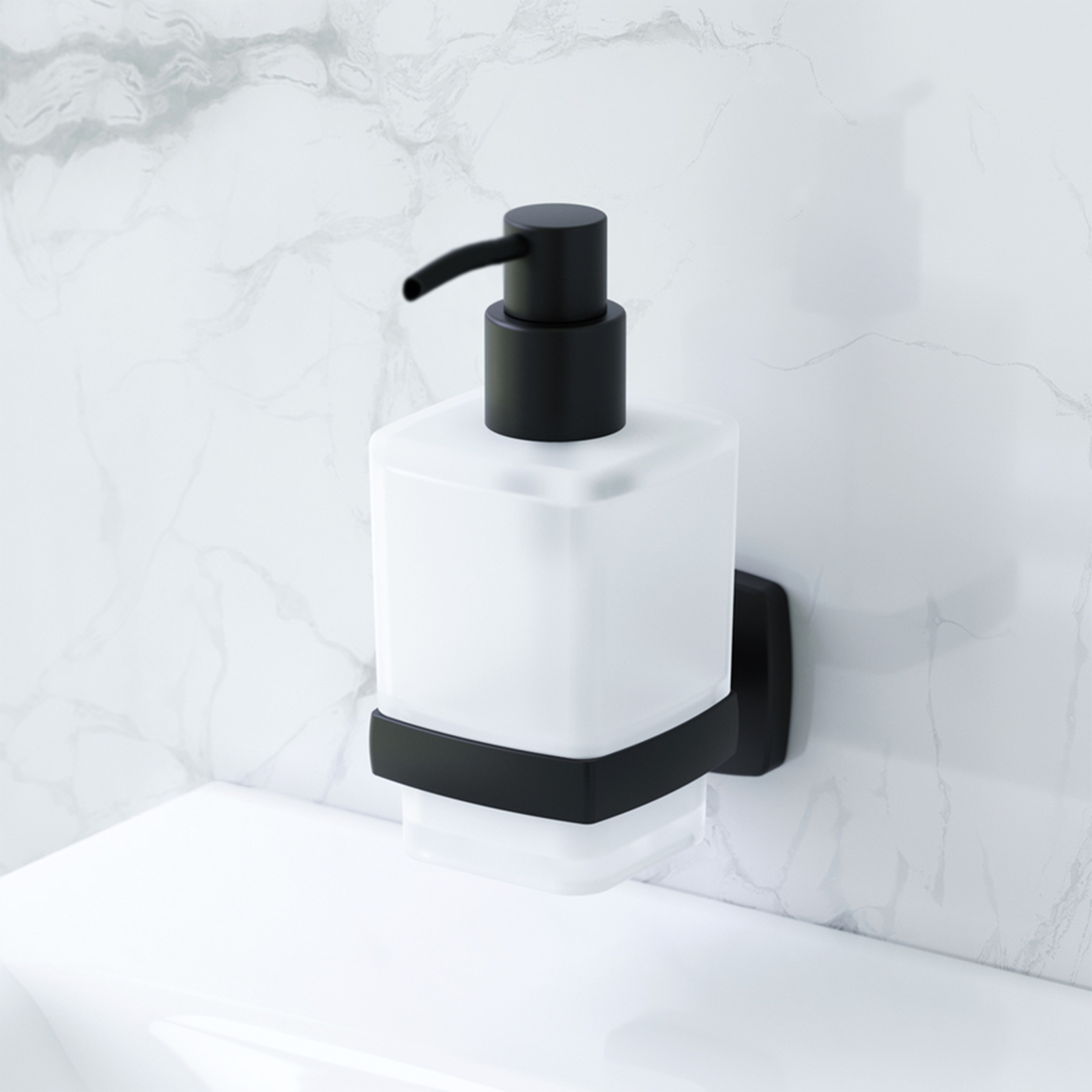 Dosatore sapone in vetro satinato "Stelvio" supporto in acciaio inox nero opaco cm 6,4x10,6 15,8h