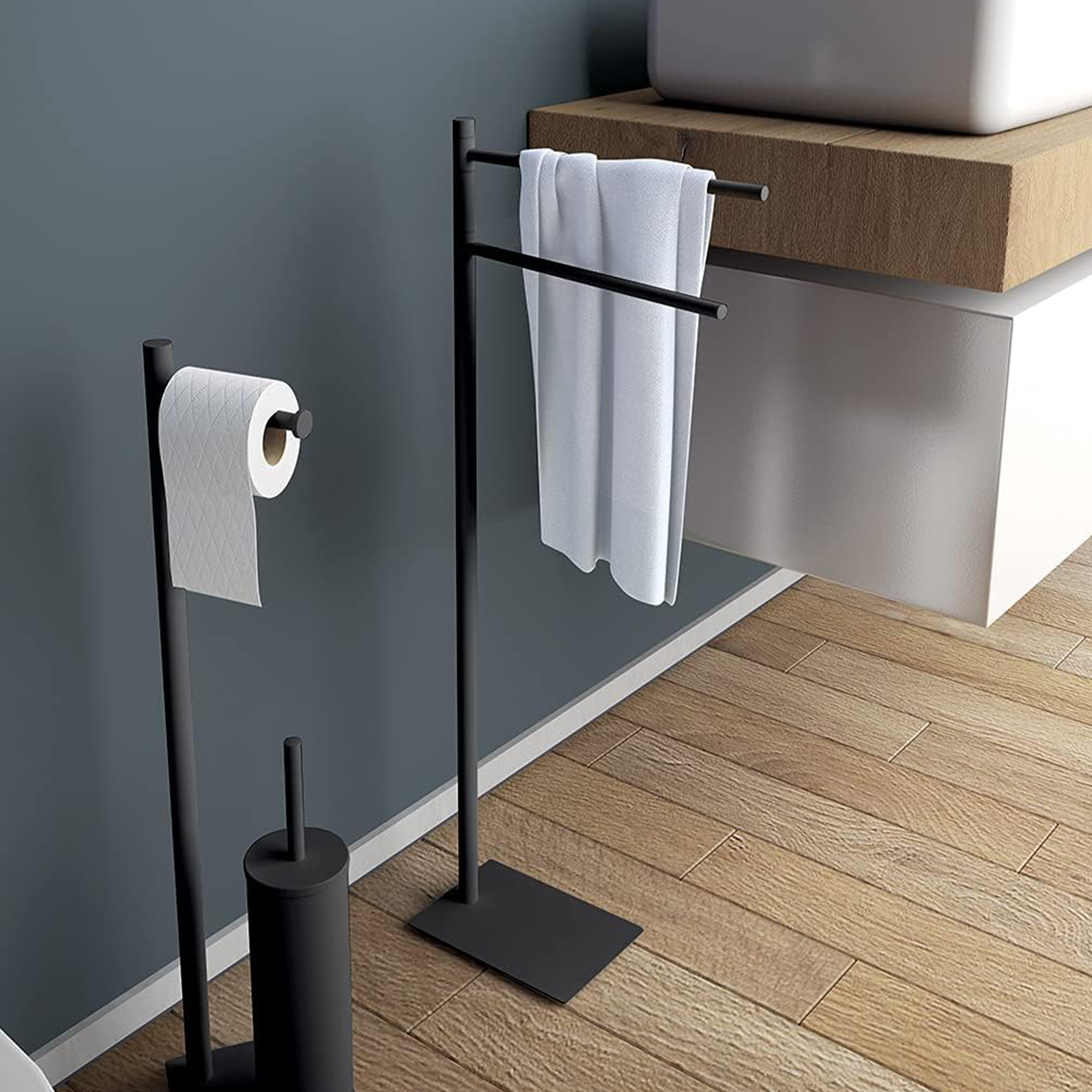 Piantana porta asciugamani "Trilly" in acciaio inox nero opaco cm 34x12 83,5h