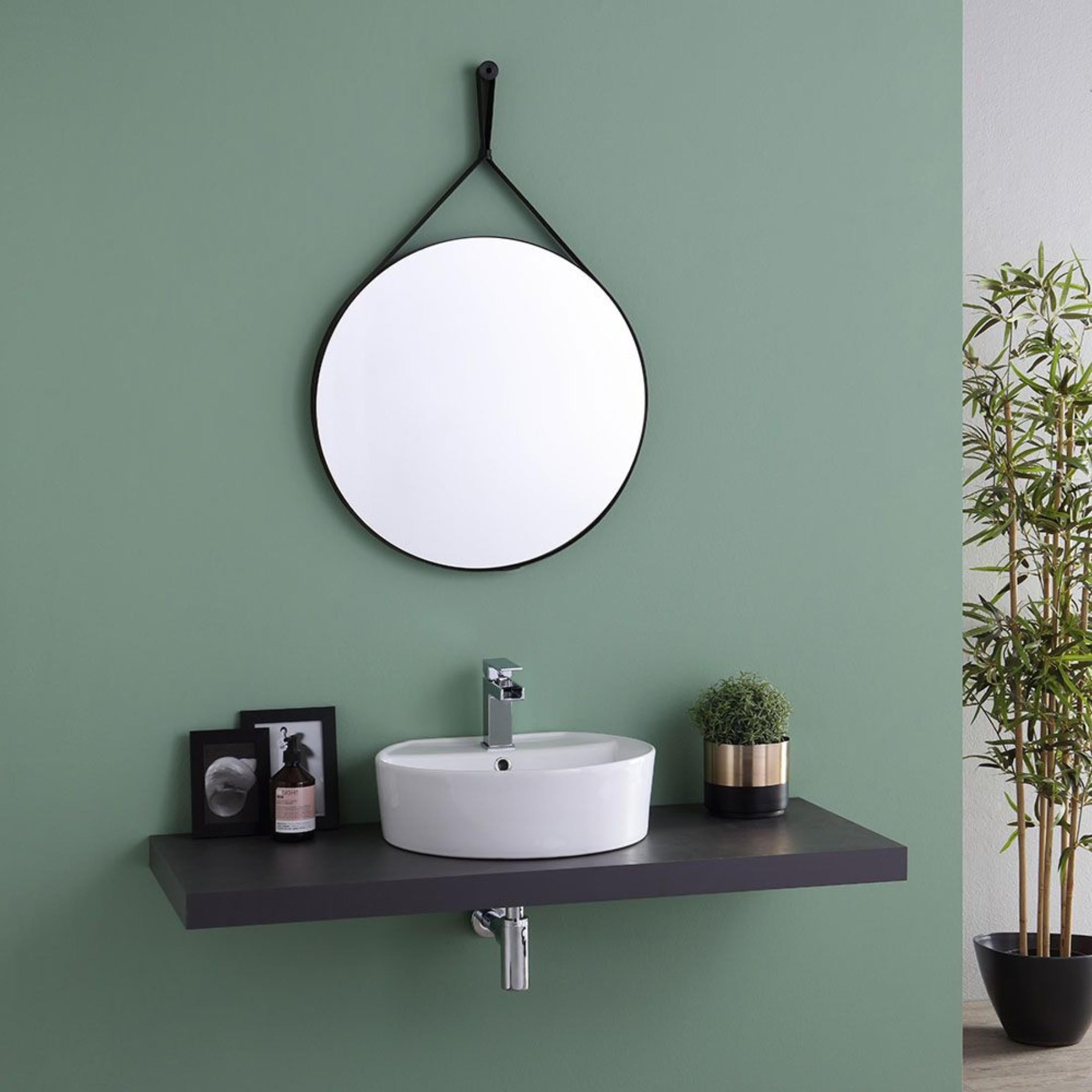 Miroir de salle de bain rond « Hillsboro » avec sangle en cuir noir, 60x90 cm