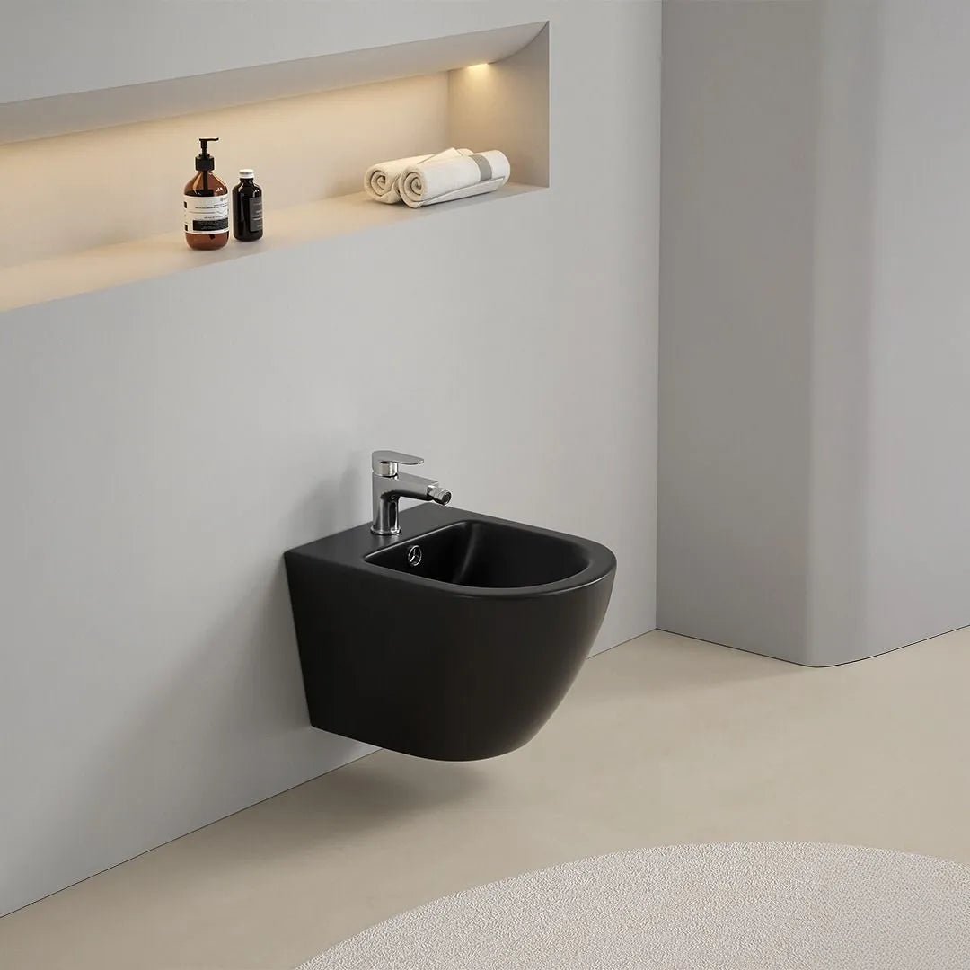 Coppia sanitari sospesi nero opaco in ceramica "Rimini" tondeggiante
