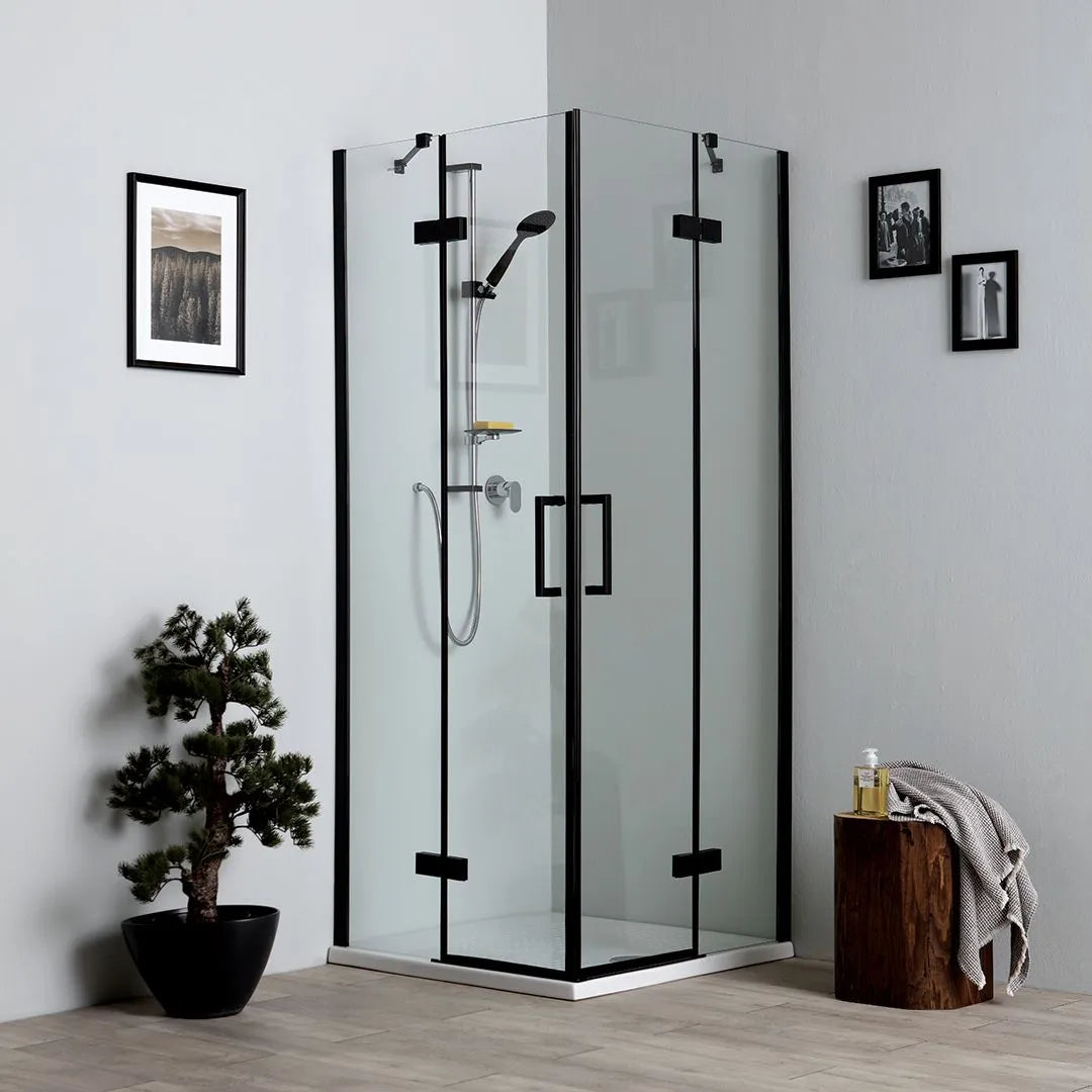 Box doccia bagno nero moderno "Lions" senza profili con 2 battenti magnetici in cristallo
