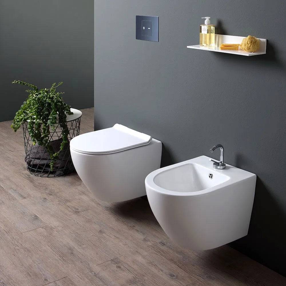 Coppia sanitari sospesi in ceramica con copri Wc "Rimini" bianco tondeggiante
