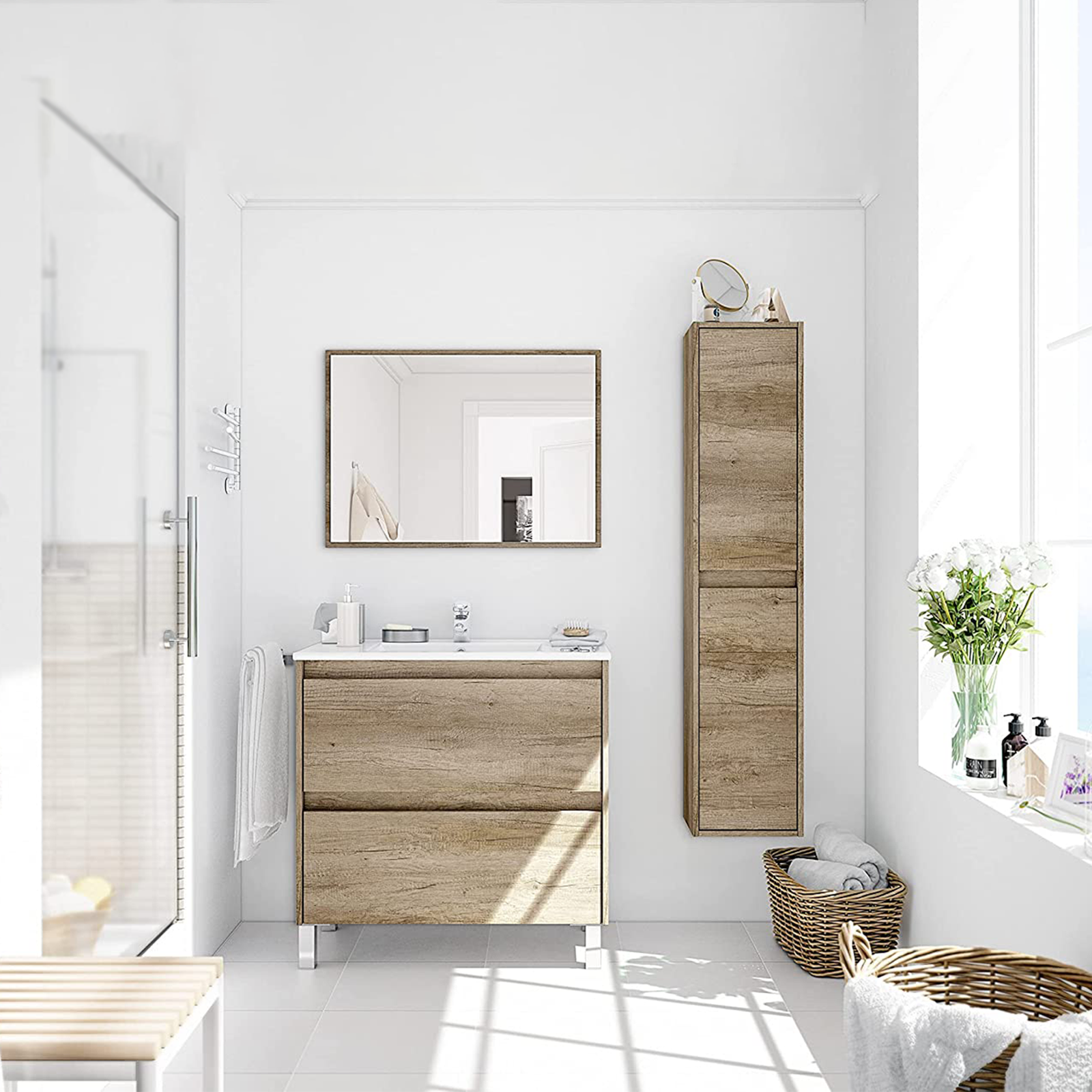 Mobile da bagno Dakota mobile con cassetti in legno rovere Nordik