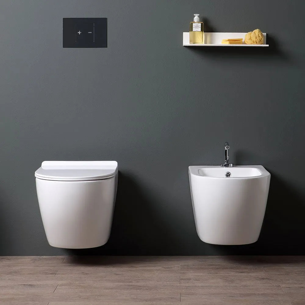 Coppia sanitari sospesi in ceramica con copri Wc "Rimini" bianco tondeggiante