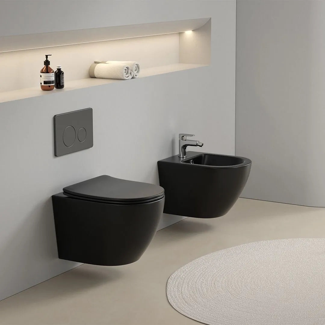 Coppia sanitari sospesi nero opaco in ceramica "Rimini" tondeggiante